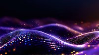Glowing purple and blue particle wave with light dots forming dynamic flowing curves against dark background. Abstract digital technology concept.