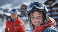 Young girl in ski helmet and goggles smiling at camera with instructor in background at snowy mountain resort. Winter sports lesson for children concept.