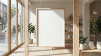 Modern minimalist retail storefront with wooden frames, large blank display window, potted plants, and natural sunlight for product showcase and branding.