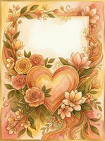 Watercolor floral frame with heart and roses in warm peach and gold tones, featuring a blank center space for text or greeting cards.