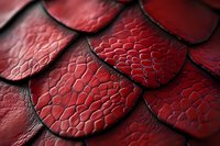 Red dragon-like scales in macro photography showing detailed texture and pattern of overlapping segments with dark edges creating dramatic fantasy effect.
