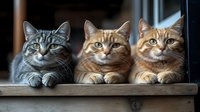 Three adorable cats sitting in a row on wooden ledge, grey tabby and ginger cats with paws tucked, looking directly at camera with bright expressive eyes.