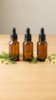 Three amber glass dropper bottles with essential oils surrounded by fresh chamomile flowers and rosemary herbs on wooden surface for aromatherapy and wellness.