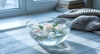 Glass bowl with floating candles and pine branches on wooden windowsill creating peaceful winter home decor atmosphere for relaxation and wellness.