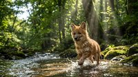 Red fox cub playing in forest stream with water splashes, sunlight filtering through trees creating magical woodland scene for nature photography.