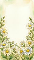 Watercolor daisy floral frame with white flowers and green leaves on soft beige background, copy space for text, greeting card or invitation design.