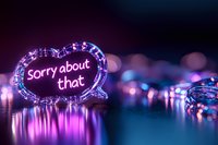 Glowing neon speech bubble with sorry about that text in pink against dark background with bokeh lights and reflective surface creating moody atmosphere.