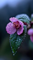 Pink flower petals and dark green leaf covered in morning dew drops against blurred background, macro photography capturing nature's delicate beauty in garden setting.