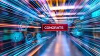 Dynamic motion blur with glowing hexagons and red congratulations text centered against futuristic blue tunnel background, creating high-tech achievement atmosphere.