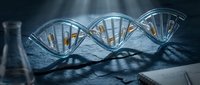 Glass DNA double helix with embedded medicine capsules on dark laboratory surface, symbolizing genetic therapy, pharmacogenomics, and personalized medicine research.