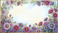 Watercolor floral frame with purple and pink daisies, green leaves on light background. Spring botanical border for invitations, cards, wedding designs.