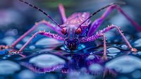Vibrant purple longhorn beetle macro photography with water drops reflection, dramatic lighting on dark blue background creates mysterious atmosphere.