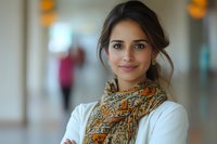 Young Hispanic woman wearing white blouse and patterned scarf smiling confidently with arms crossed in office hallway, soft bokeh background creates professional atmosphere.