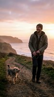 Young man with dark hair and beard, wearing brown jacket and beanie, walking dog on coastal path at sunset. Lifestyle and travel concept.