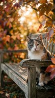 Calico cat sitting on a rustic wooden bench surrounded by vibrant autumn foliage and warm golden bokeh sunlight.