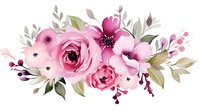 Pink watercolor floral arrangement with roses and delicate foliage in soft pastel tones, featuring loose botanical composition and transparent petals on white background.