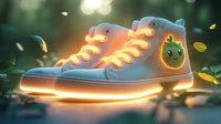 Glowing sneaker with cute green apple character patch against blurred nature background with floating leaves and magical light effects, suitable for children design.