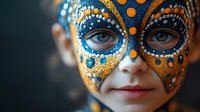 Young child with vibrant blue and orange face paint featuring intricate dotted patterns around eyes for cultural celebration or festival costume makeup.
