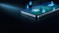 Modern smartphone displaying cybersecurity interface with glowing padlock icons and digital data protection elements on dark background for tech presentations.