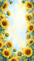 Watercolor sunflower border frame with bright yellow blooms and green leaves on light blue background for greeting cards and invitations.