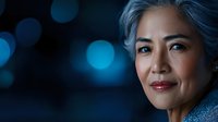 Confident mature Asian woman with silver hair smiling against dark background with blue bokeh lights, representing wisdom, success and professional achievement.