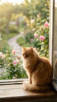 Orange tabby cat sitting on wooden windowsill looking at blooming rose garden with warm sunlight streaming through open window creating peaceful domestic scene.