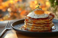 Stack of homemade pancakes topped with fried egg, drizzled with maple syrup and sprinkled with herbs on dark plate against autumn background.