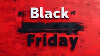 Bold Black Friday text on vibrant red grunge background with ink splatter texture and distressed effects creates dramatic seasonal sale announcement design.