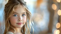 Young Caucasian girl with blue eyes and light brown hair smiling gently against blurred bokeh lights background, natural soft portrait with dreamy atmosphere.