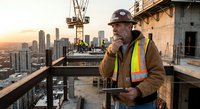 Middle-aged Caucasian construction foreman in hard hat and safety vest using radio on high-rise building site at sunset with city skyline background.