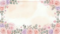 Watercolor floral frame with pink and purple roses, green leaves, and scattered hearts on white background, ideal for wedding invitations and greeting cards.