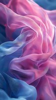 Flowing silk fabric in pink and blue creates ethereal waves and folds with soft lighting effects, showcasing delicate texture and graceful movement.