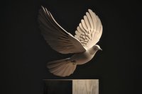 Graceful dove sculpture in pale beige taking flight from wooden pedestal against dark background, showcasing detailed wing feathers and peaceful motion.