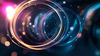 Glowing neon rings with light effects on dark background, abstract circular motion trails with bokeh and sparkles in blue and golden colors create futuristic atmosphere.