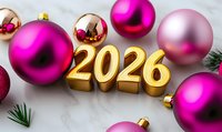 Golden number 2026 with pink and rose gold Christmas baubles on white background, festive holiday composition with fir branches and decorative ornaments.