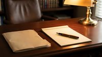 Professional wooden desk with vintage documents, fountain pen and brass lamp in classic office setting for business correspondence and legal work.