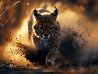 Majestic lynx emerging from darkness with dramatic particle effects and golden bokeh background, perfect for wildlife magazine covers and nature-themed designs.