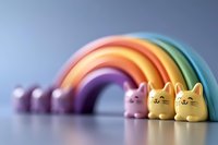 Colorful pastel rainbow arch with cute cat figurines arranged in gradient colors on reflective surface, creating whimsical nursery or children room decor composition.