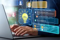Professional hands typing on laptop with glowing digital interface displaying lightbulb icon and data analytics dashboards for business innovation concepts.