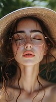 Young Asian woman in round glasses and straw hat with closed eyes enjoying sunlight. Natural makeup, loose curly hair, and peaceful expression create serene summer mood.