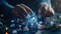 Magical hands manipulating glowing digital network sphere with crystals and bokeh lights on dark background surrounded by green leaves and mystical particles.