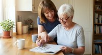 Middle-aged Caucasian woman helping senior Caucasian woman with crossword puzzle at home kitchen table. Caregiver assistance and family bonding activity.
