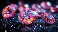 Pink diamonds scattered on dark glittering surface with selective focus and bokeh effect creating luxury jewelry background for design and advertising.