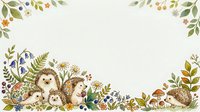 Adorable hedgehog family with autumn botanical border frame on cream background, featuring colorful leaves, flowers and mushrooms for seasonal designs.