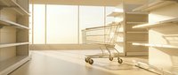 Empty supermarket aisle with shopping cart and shelves, retail store interior with natural light from windows, commerce and shopping concept.