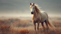 Majestic palomino horse with flowing mane standing in golden autumn grassland field during sunset with dramatic sky background for equestrian and nature themes.