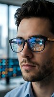 Young professional man wearing smart glasses with augmented reality interface display showing digital data and analytics in modern office environment.