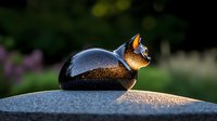 Decorative glass cat figurine with golden reflections on dark surface against blurred natural background, illuminated by sunset light creating magical glow.