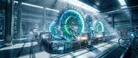 Futuristic laboratory with glowing green digital DNA helixes and holographic displays, representing genetic research, biotechnology innovation, and scientific advancement in modern medicine.