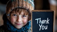 Young child wearing winter knit hat and scarf holds small chalkboard with thank you message written on it, expressing gratitude with genuine smile.